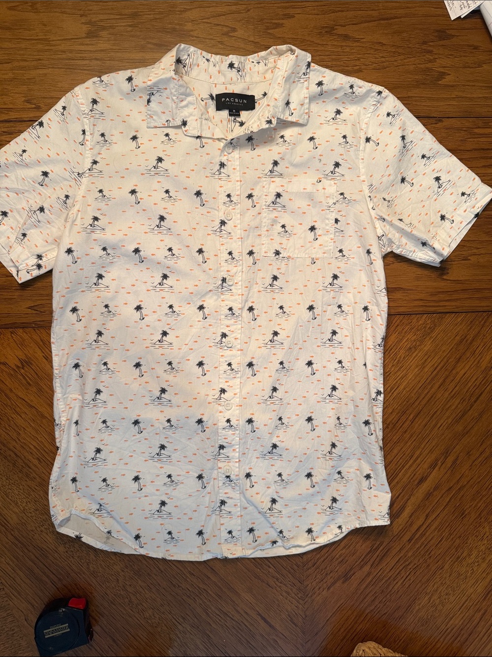 PacSun White Short-Sleeve Surf & Palm Print Button-Up Shirt